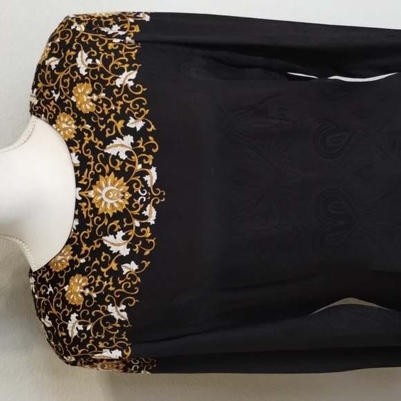 Adrianna Papell Silk Black Dress with Gold Leaf print size 12 Vintage - Picture 2 of 10